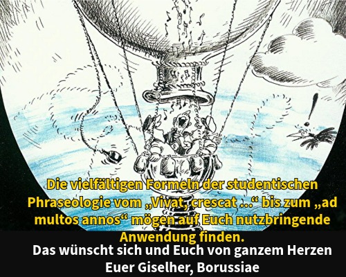 Zeichnung eines aufsteigendenr Ballons, im Korb feiernde Studenten