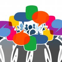 gezeichnetes Bild einer bunten Versammlung- als Silhoutten angedeutet