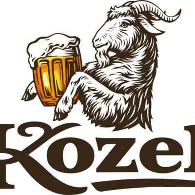 gehörnter Ziegebock mit Bierglas zwischen Vorderbeinen, Biermarke KOZEL