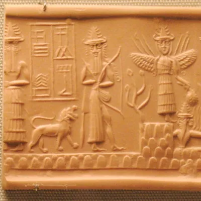 Das Adda Siegel (Britisches Museum) mit Enki, summerischer Gott des Wassers und Vater von Ninkasi