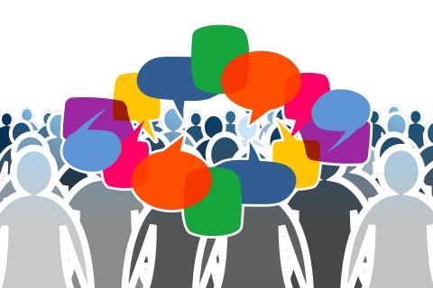 gezeichnetes Bild einer bunten Versammlung- als Silhoutten angedeutet