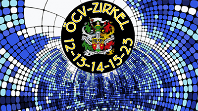 Zirkellogo WIEN Südwest, Mitte ÖCV-Wappen, Text in schwarzem Ring angeordnet,vor blau-weißem Hintergrund