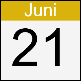 Kalender-Logo: schwarze Ziffern, weißer Grund, Monat oben, weiße Buchstaben, goldener Grund