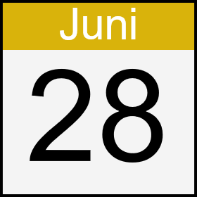 Kalender-Logo: schwarze Ziffern, weißer Grund, Monat oben, weiße Buchstaben, goldener Grund