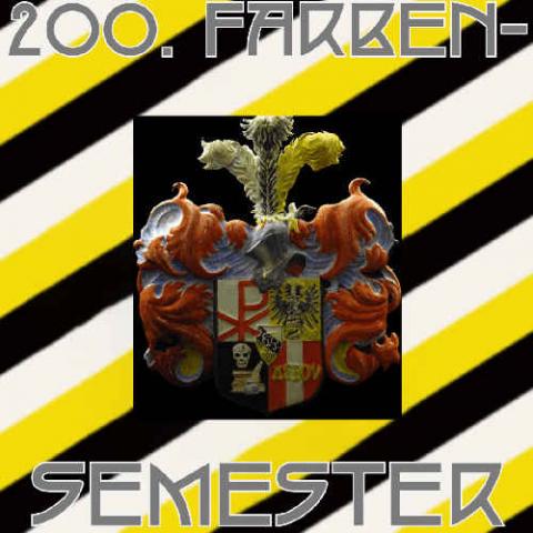 auf weiß-gold-schwarz gestreiftem Untergrund mittig das Prunkwappen samt Text