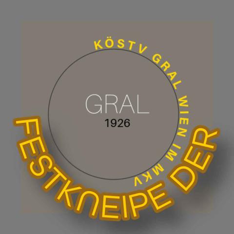 Logo Festkneipe Gral Wien goldene Schrift auf grauem Grund
