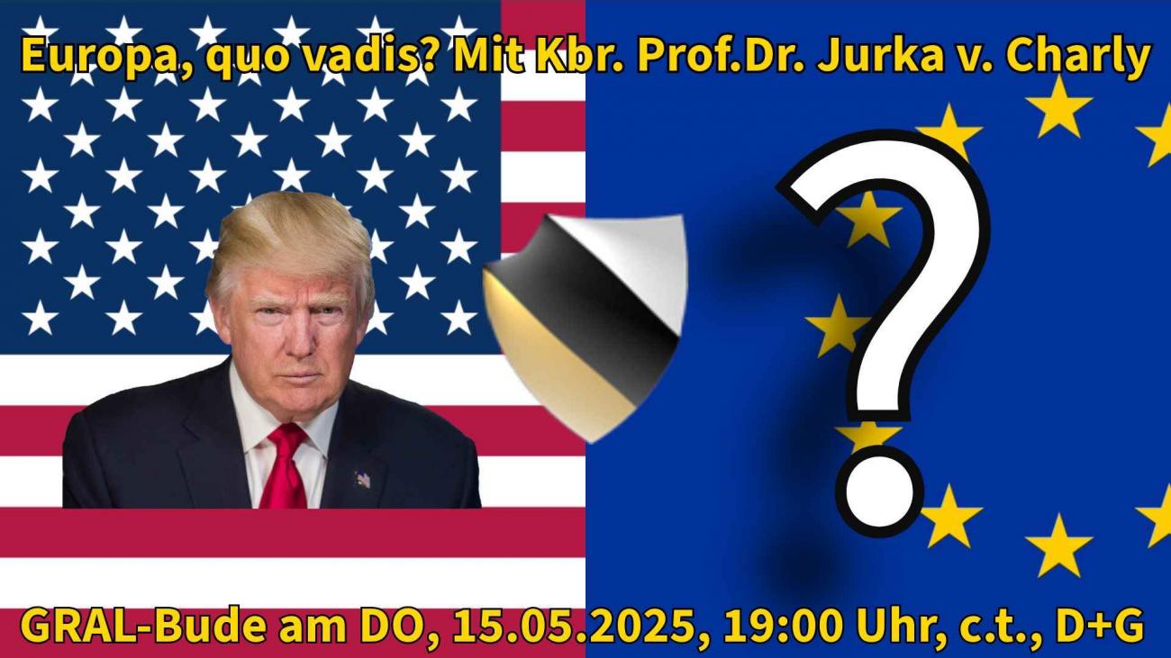 Flagge SA-Europa, je Hälfte des Bildes mit Trump und Fragezeichen