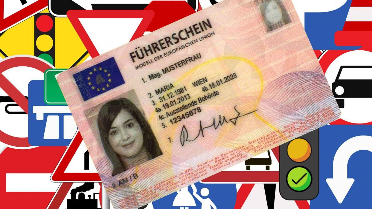 Führerschein Scheckkarte im Vordergrund ein Mix an Verkehrsschildern als Hintergrund