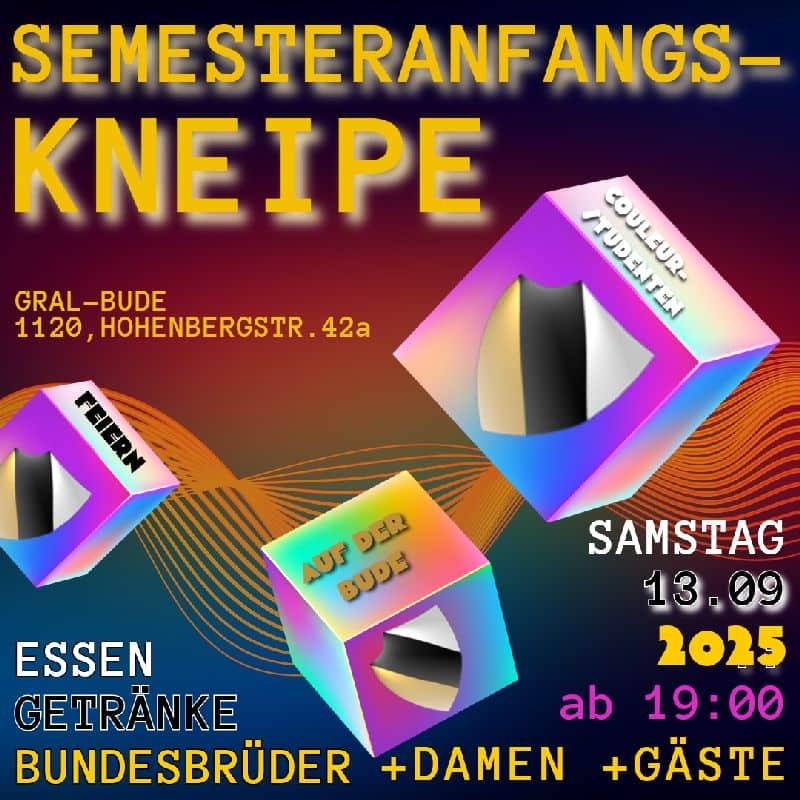 Einladung zur Semestereröffnungskneipe mit 3 bunten Würfeln und Text