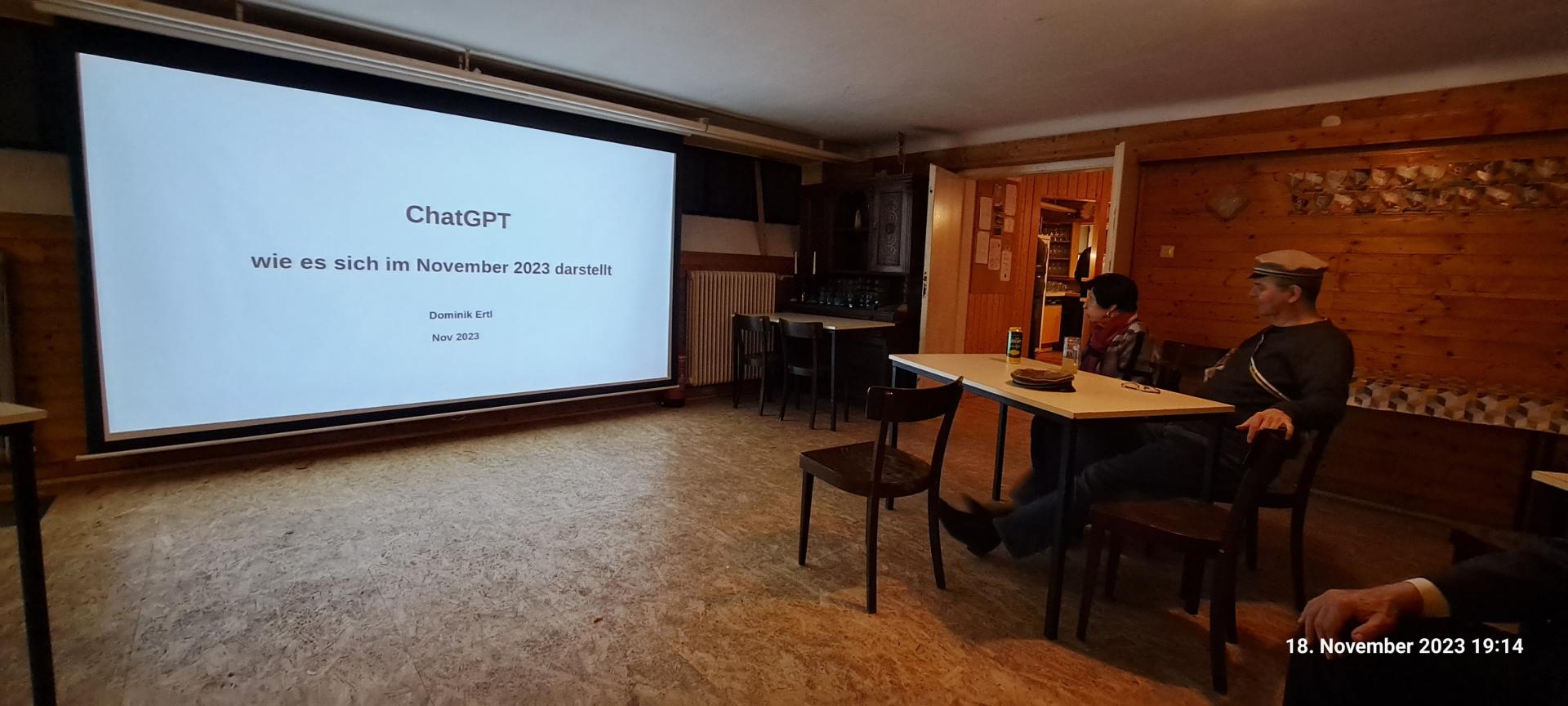 ChatGPT Startbild des Vortrages auf Großbildleinwand