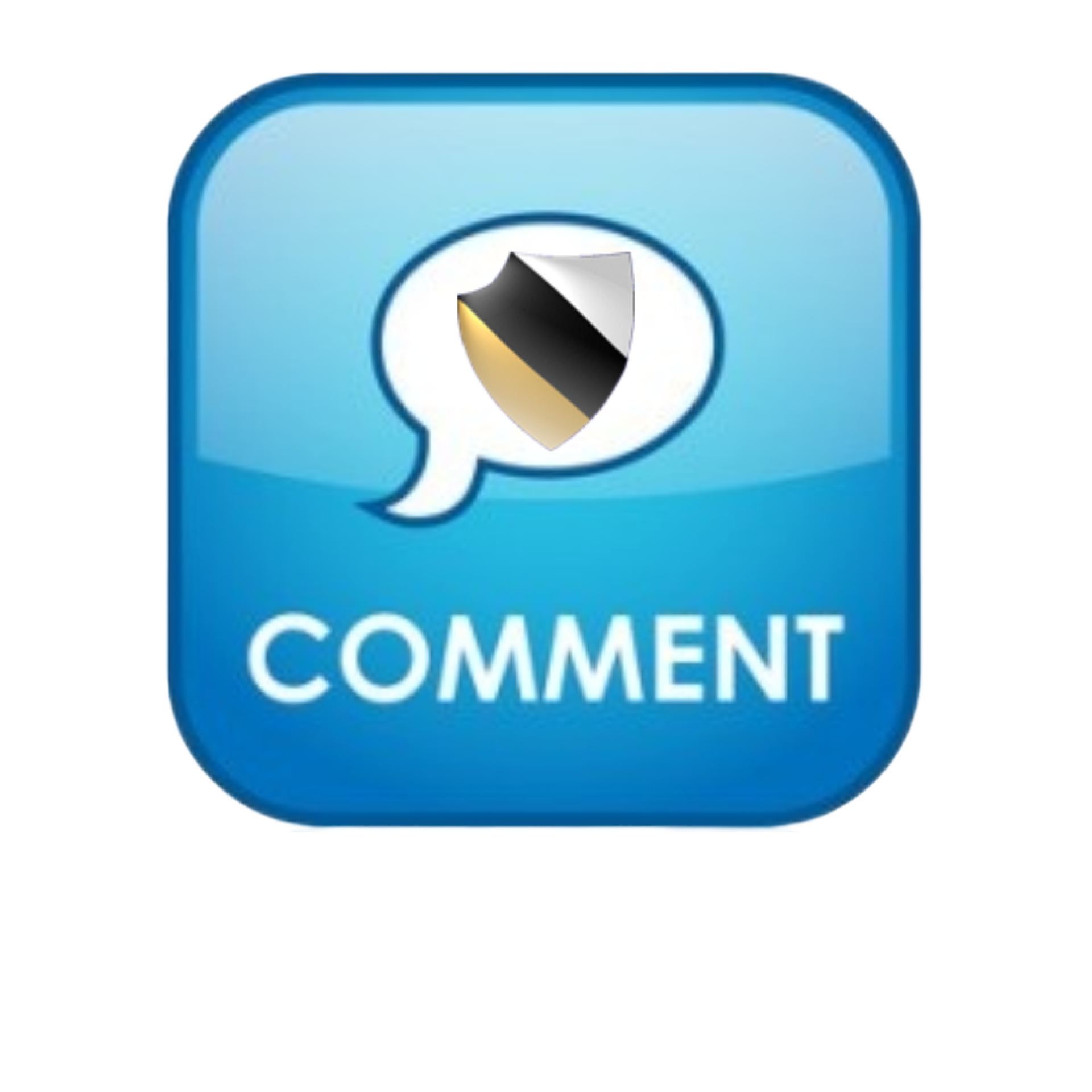 Comment-Logo, quadratisch blau, dunkelblauer Rahmen, mittig weiße Sprechblase mit Grals Wappen im Zentrum