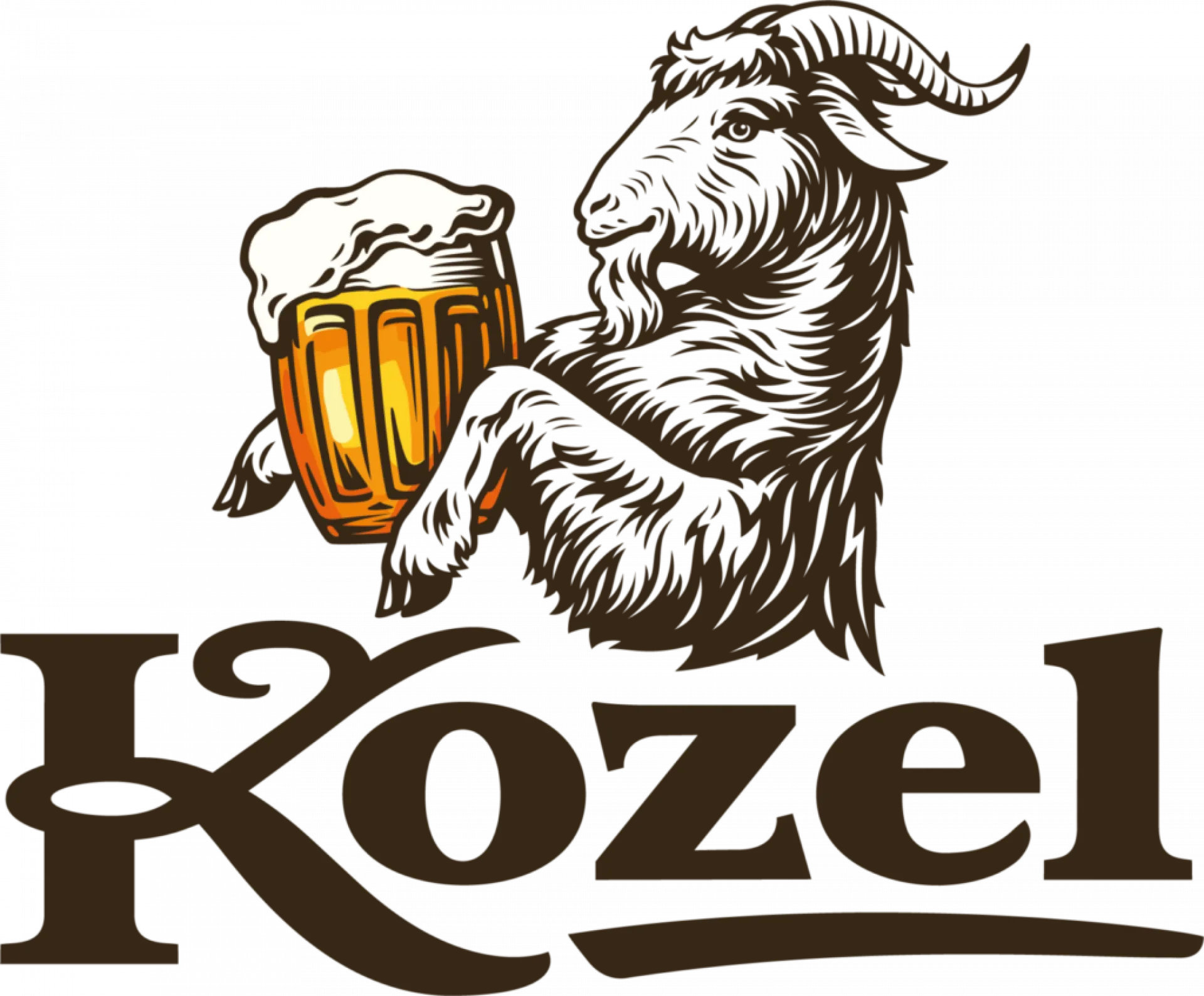 gehörnter Ziegebock mit Bierglas zwischen Vorderbeinen, Biermarke KOZEL