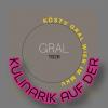 Logo: Kulinarik auf der Gral, grauer Hintergrund, Text Rot und Goldfarben, auf Kreis angeordnet