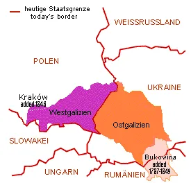 Galizien in den heutigen Landesgrenzen eingezeichnet